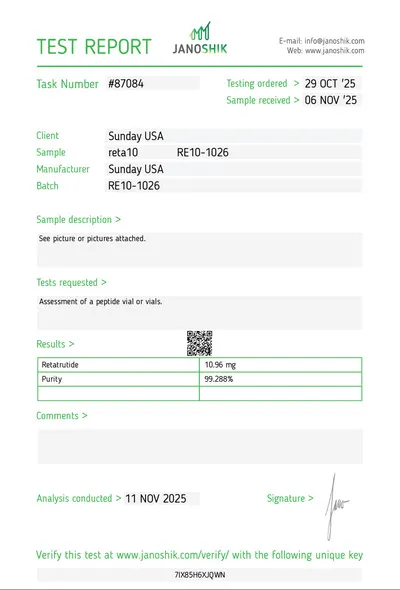 Janoshik COA test report retatrutide 99.28% purity — Jeo Peptides UK